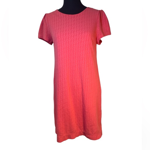 Coral diamond checkered pattern cap sleeve lined retro shift dress button back - Picture 9 of 10